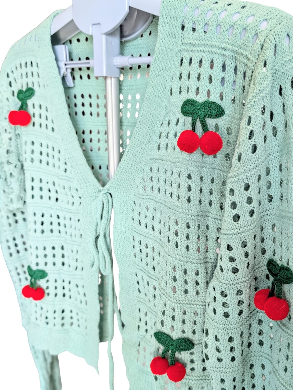 Coquette Cherry Knit Cardigan Mint Green Tie Front Cropped Pointelle Sweater - Picture 6 of 11